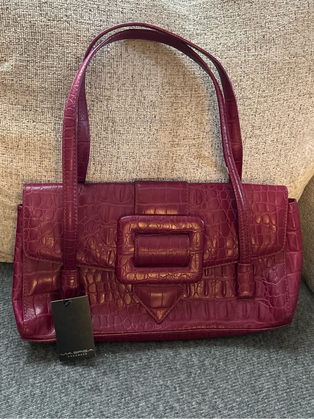 Via Spiga Berry Croc Embossed Shoulder Bag Y2K Structured Buckle Purse Wine